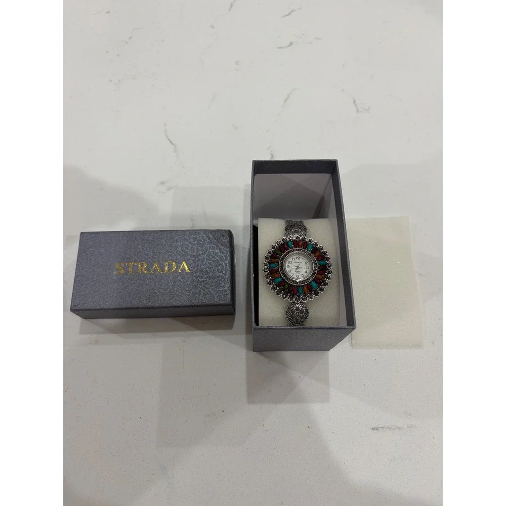 Strada Womens Quartz Watch Multi Color Gemstone Bezel Silver Tone Filigree Box